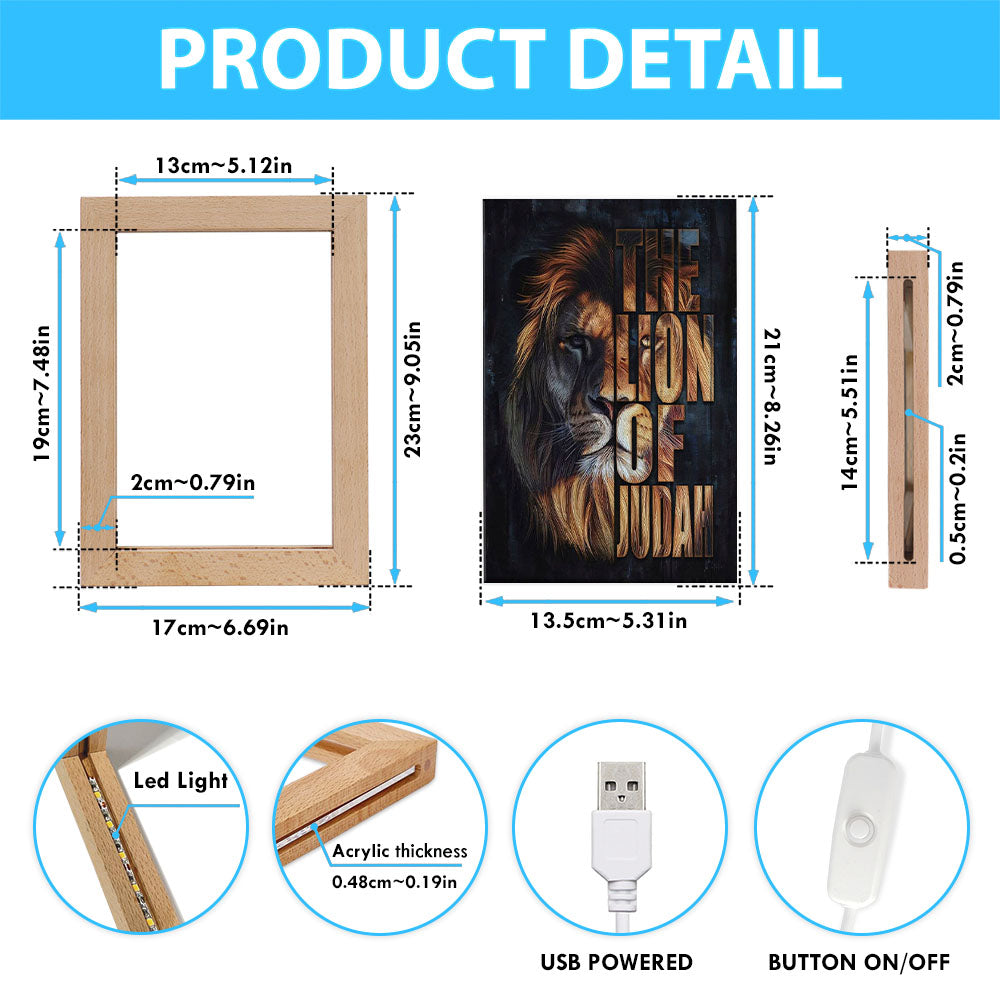 Christian The Lion Of Judah Picture Frame Lamp Prints - Bible Verse Wooden Lamp - Scripture Night Light