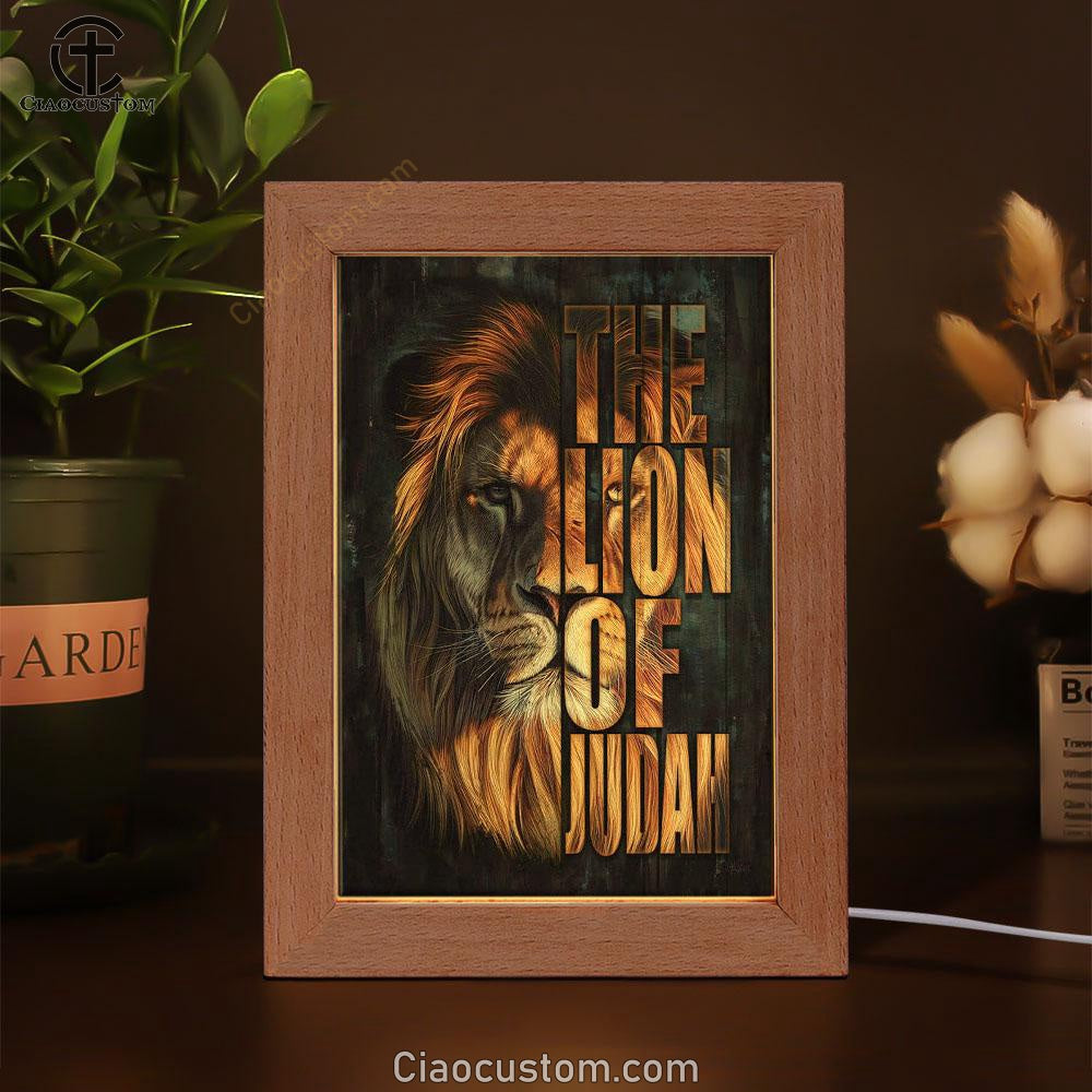 Christian The Lion Of Judah Picture Frame Lamp Prints - Bible Verse Wooden Lamp - Scripture Night Light