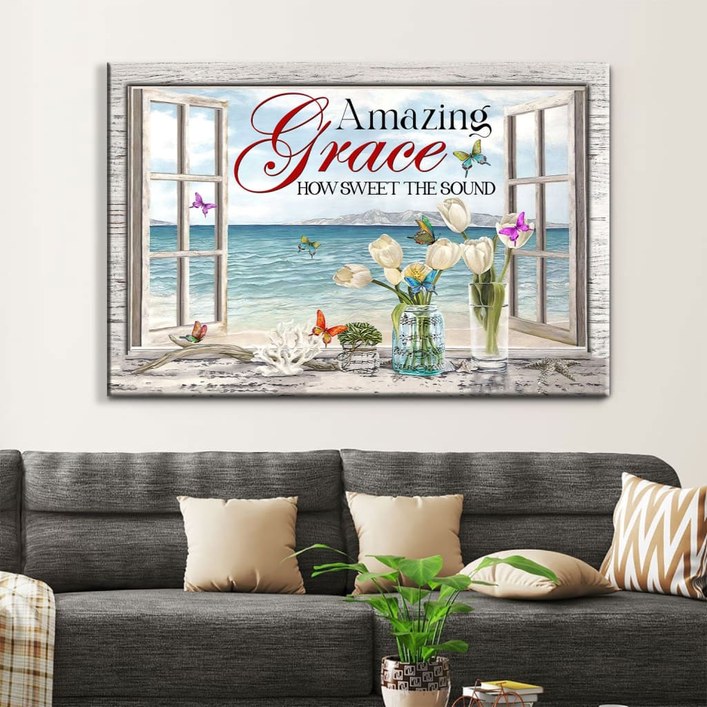 Christian Wall Art Amazing Grace How Sweet The Sound, Butterflies Canvas Print - Religious Wall Decor