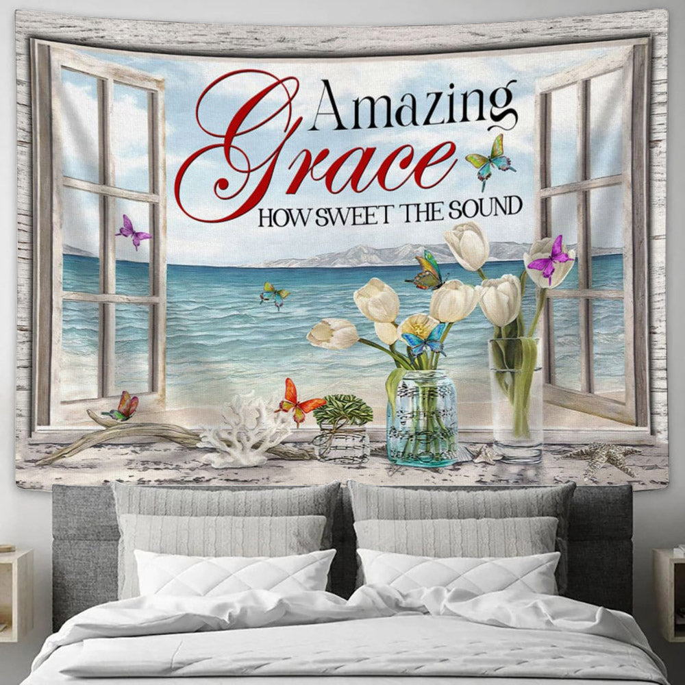 Christian Wall Art Amazing Grace How Sweet The Sound Butterflies Tapestry - Jesus Tapestry - Tapestry Wall Hanging