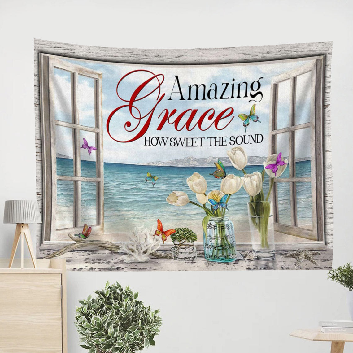 Christian Wall Art Amazing Grace How Sweet The Sound Butterflies Tapestry - Jesus Tapestry - Tapestry Wall Hanging
