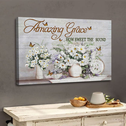 Christian Wall Art Amazing Grace How Sweet The Sound Butterfly Flowers Canvas Print - Religious Wall Decor