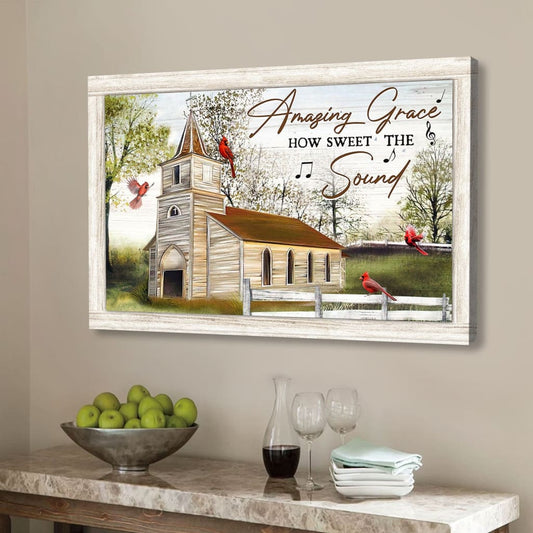 Christian Wall Art Amazing Grace How Sweet The Sound, Cardinal Bird Church, Canvas Print - Religious Wall Decor