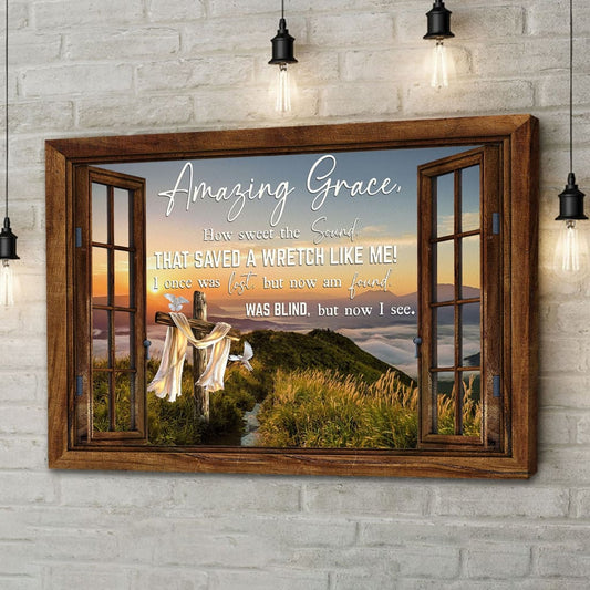 Christian Wall Art Amazing Grace How Sweet The Sound Cross Mountain Canvas Print - Religious Wall Decor