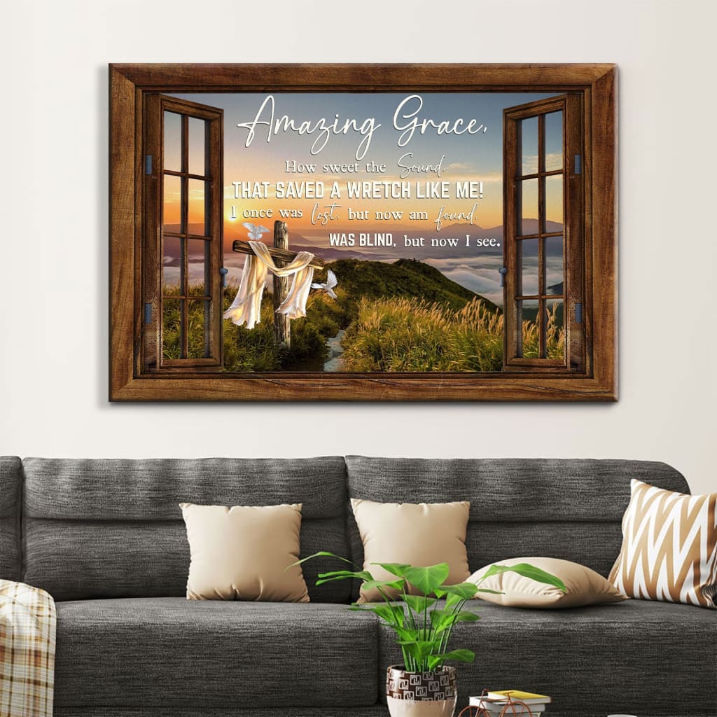 Christian Wall Art Amazing Grace How Sweet The Sound Cross Mountain Canvas Print - Religious Wall Decor