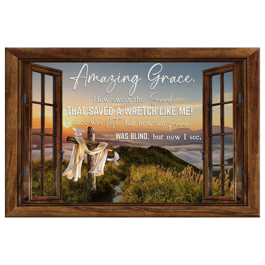 Christian Wall Art Amazing Grace How Sweet The Sound Cross Mountain Canvas Print - Religious Wall Decor