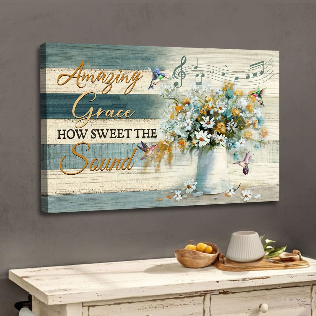 Christian Wall Art Amazing Grace How Sweet The Sound Hummingbird Flowers Canvas Print - Religious Wall Decor