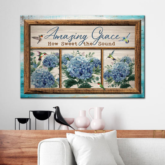 Christian Wall Art Amazing Grace How Sweet The Sound Hummingbird Hydrangea Canvas Art - Religious Wall Decor