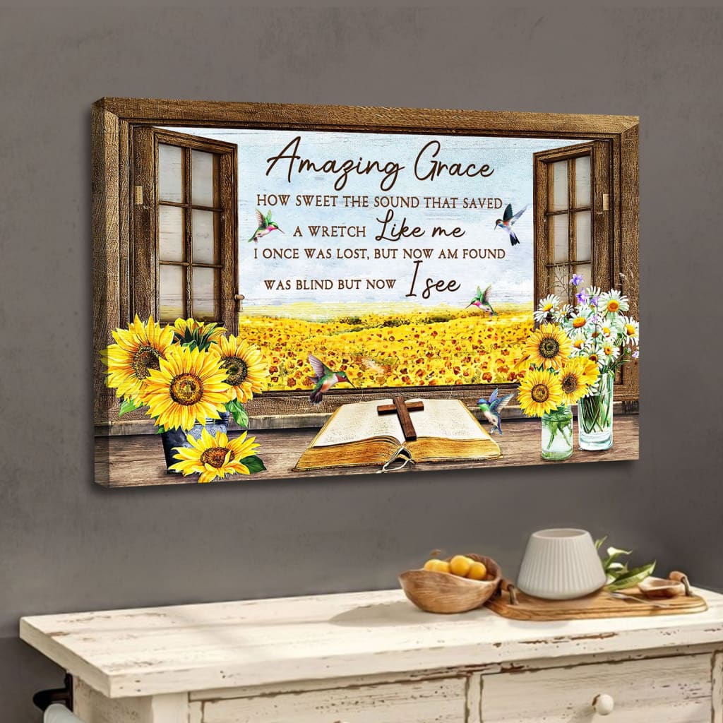Christian Wall Art Amazing Grace How Sweet The Sound, Hummingbird Sunflower Canvas Print - Religious Wall Decor