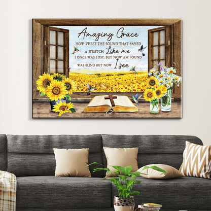 Christian Wall Art Amazing Grace How Sweet The Sound, Hummingbird Sunflower Canvas Print - Religious Wall Decor