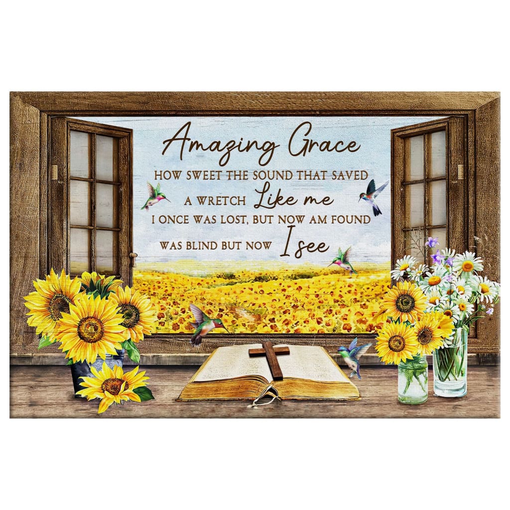 Christian Wall Art Amazing Grace How Sweet The Sound, Hummingbird Sunflower Canvas Print - Religious Wall Decor