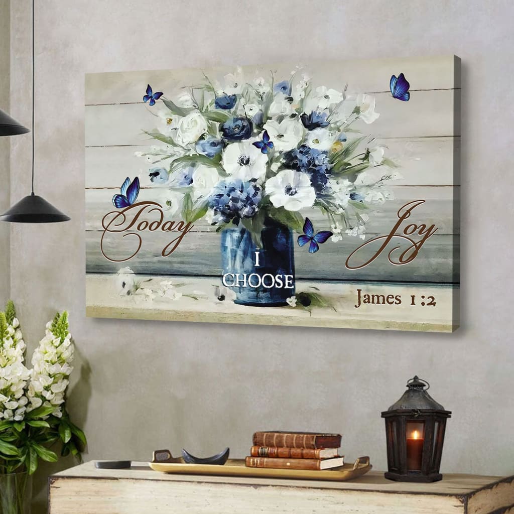 Christian Wall Art Butterfly Flower, Today I Choose Joy Wall Art Canvas Print - Religious Wall Decor