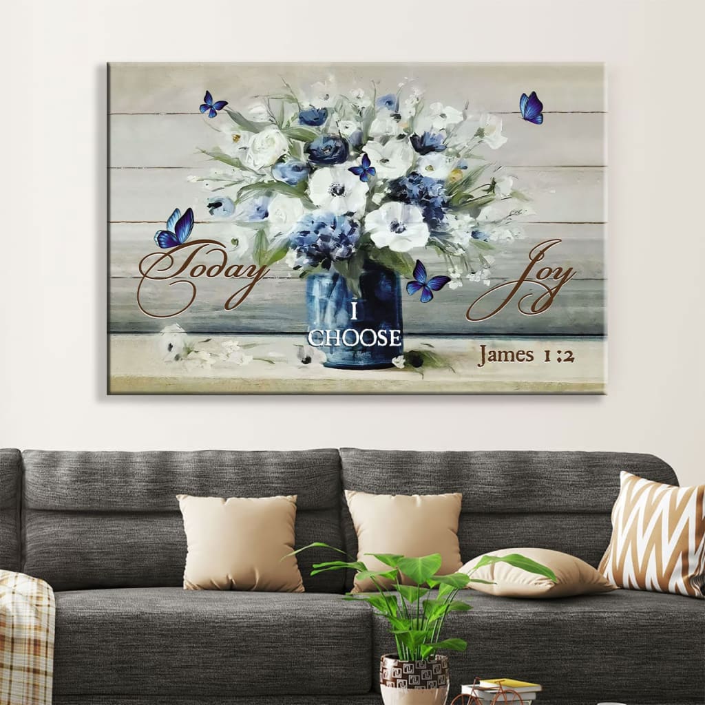 Christian Wall Art Butterfly Flower, Today I Choose Joy Wall Art Canvas Print - Religious Wall Decor