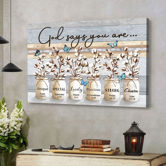 Christian Wall Art God Says You Are, Cotton Flowers Butterflies Canvas Print - Religious Wall Decor