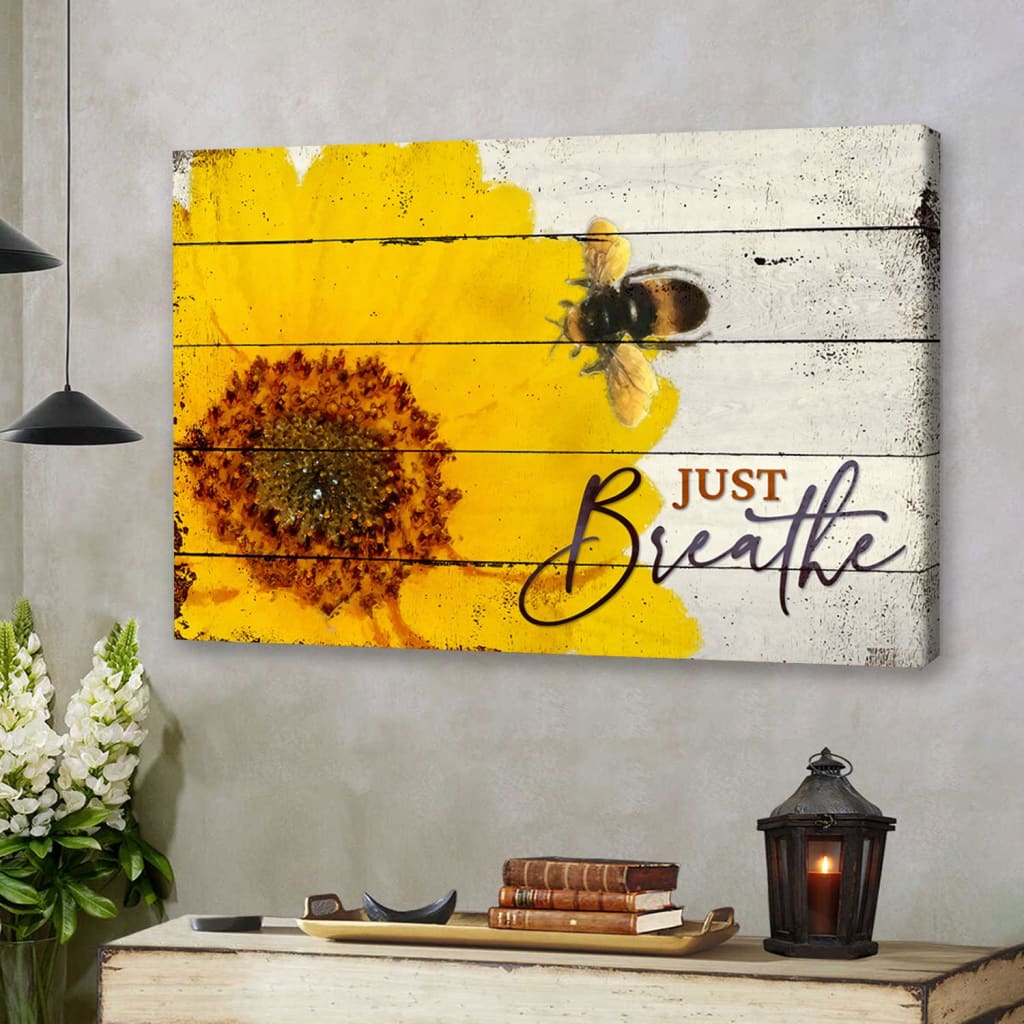 Christian Wall Art Honey Bee Flower Just Breathe Wall Art Canvas - Religious Wall Decor