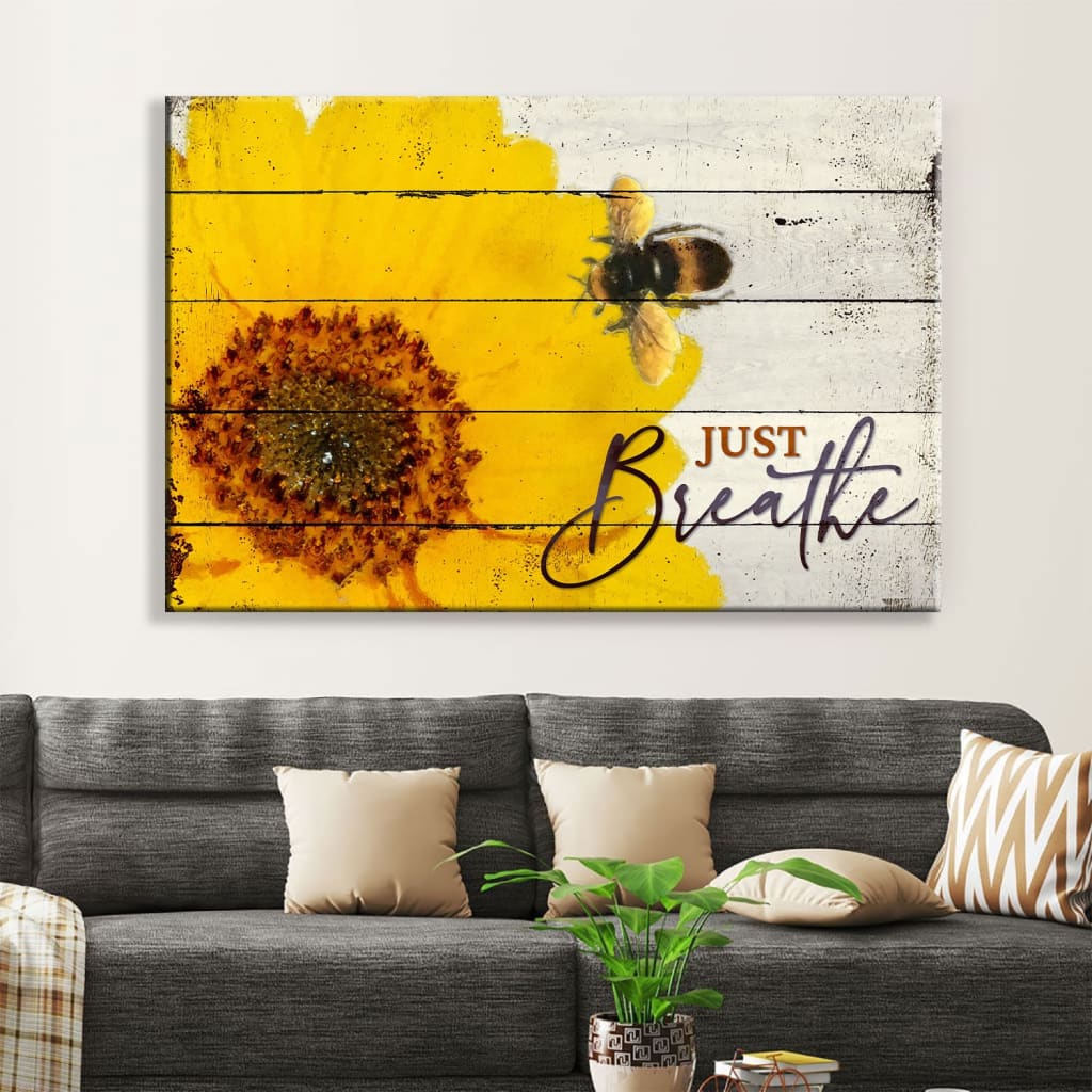 Christian Wall Art Honey Bee Flower Just Breathe Wall Art Canvas - Religious Wall Decor