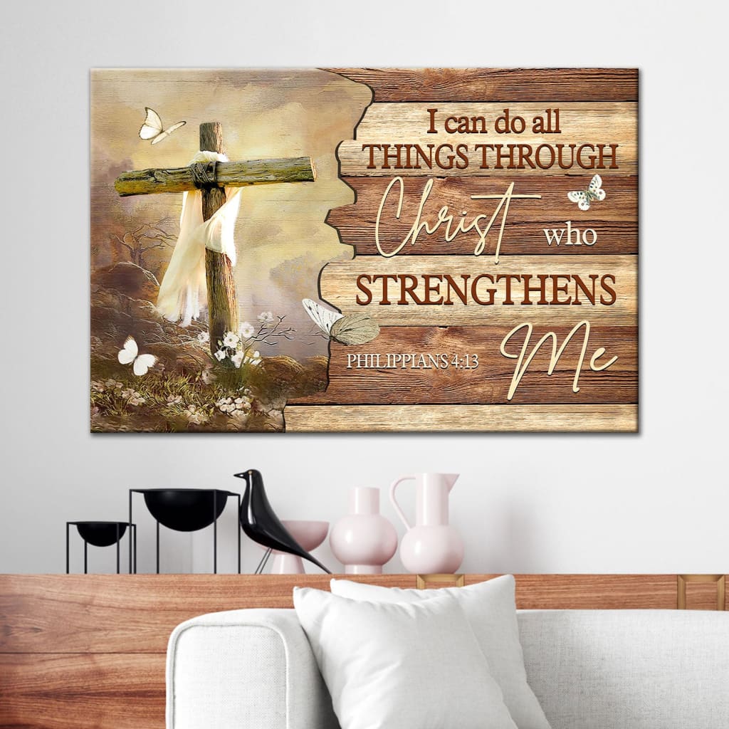 Christian Wall Art I Can Do All Things Through Christ Butterfly Cross Canvas Print - Religious Wall Decor