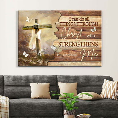 Christian Wall Art I Can Do All Things Through Christ Butterfly Cross Canvas Print - Religious Wall Decor