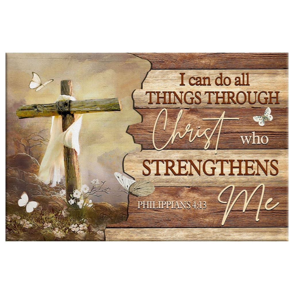 Christian Wall Art I Can Do All Things Through Christ Butterfly Cross Canvas Print - Religious Wall Decor