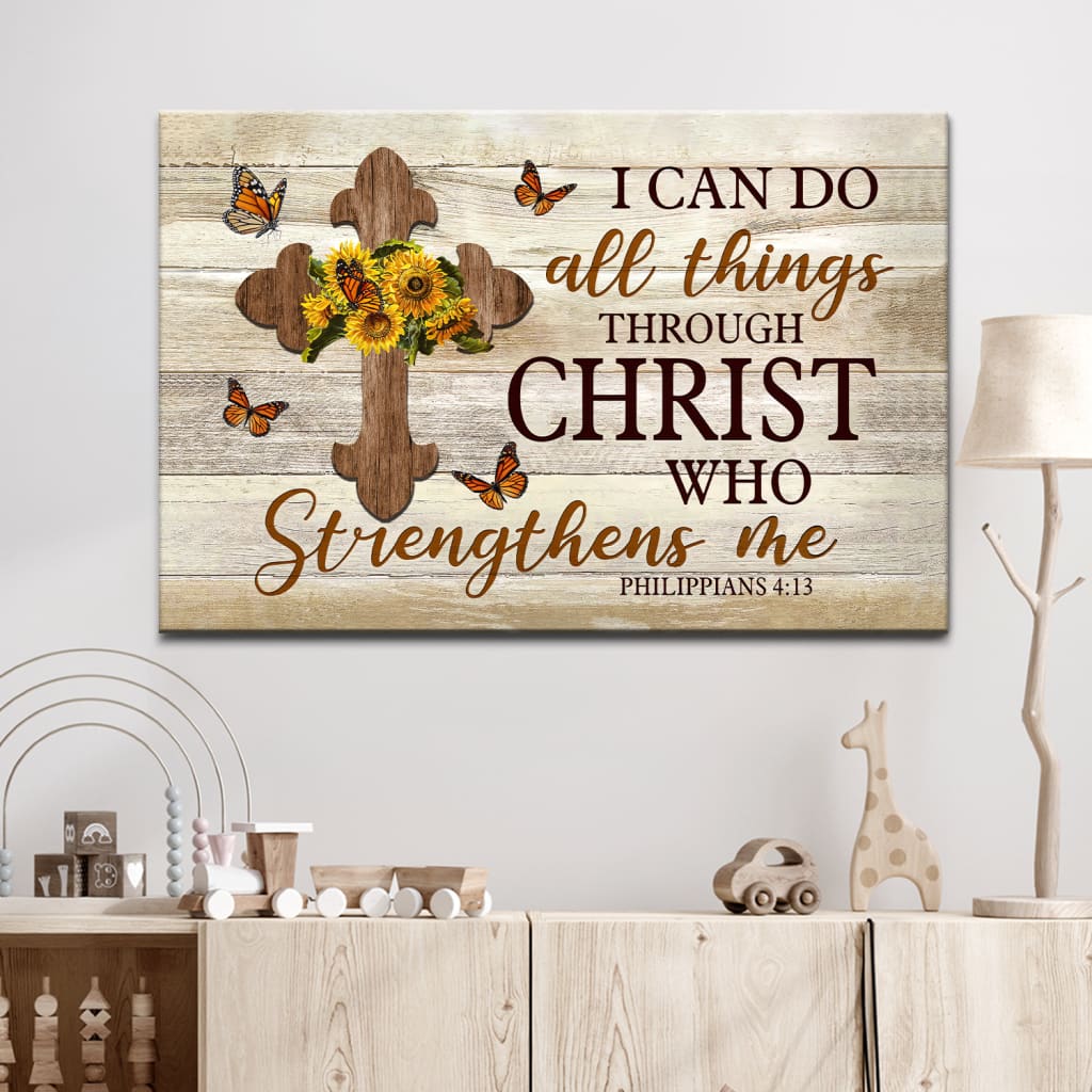 Christian Wall Art I Can Do All Things Through Christ Philippians 413 Sunflower Cross Canvas - Religious Wall Decor