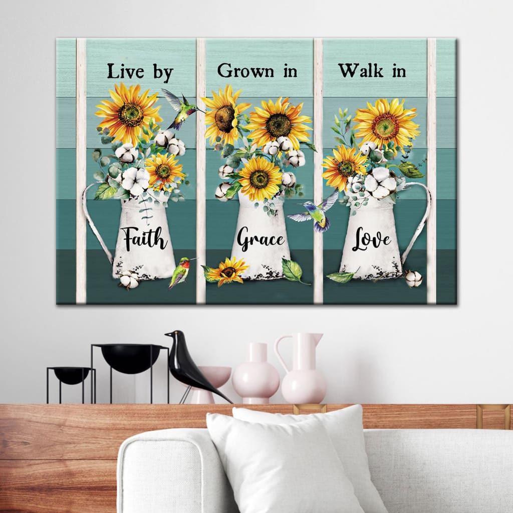 Christian Wall Art Live By Faith Grow In Grace Walk In Love, Hummingbird Sunflower Canvas Print - Religious Wall Decor