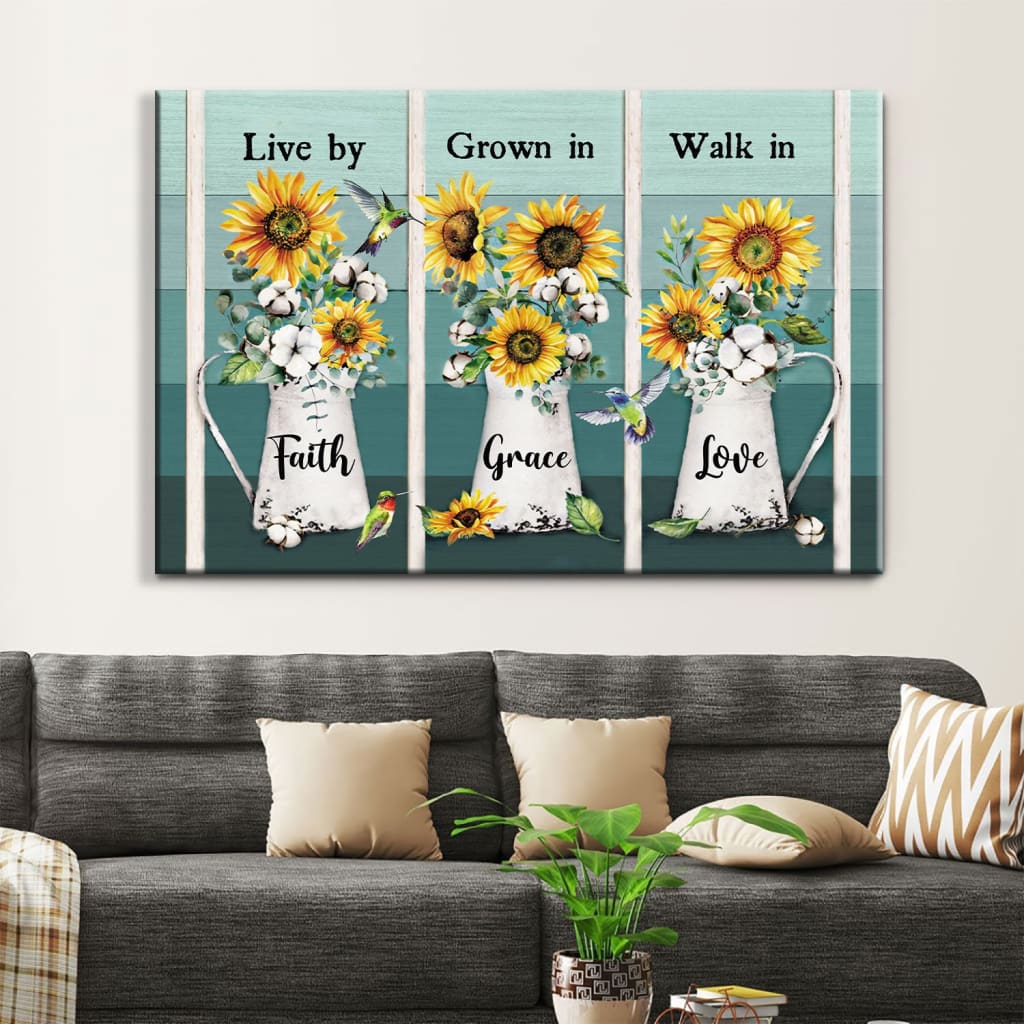 Christian Wall Art Live By Faith Grow In Grace Walk In Love, Hummingbird Sunflower Canvas Print - Religious Wall Decor