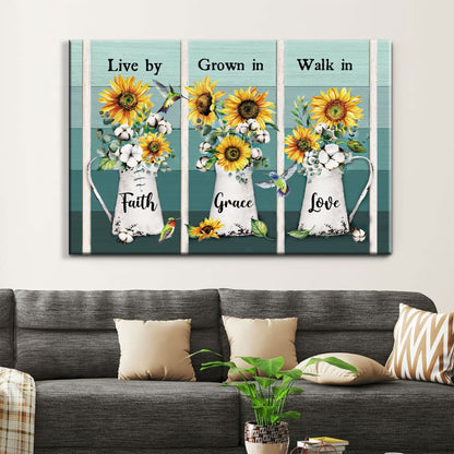 Christian Wall Art Live By Faith Grow In Grace Walk In Love, Hummingbird Sunflower Canvas Print - Religious Wall Decor