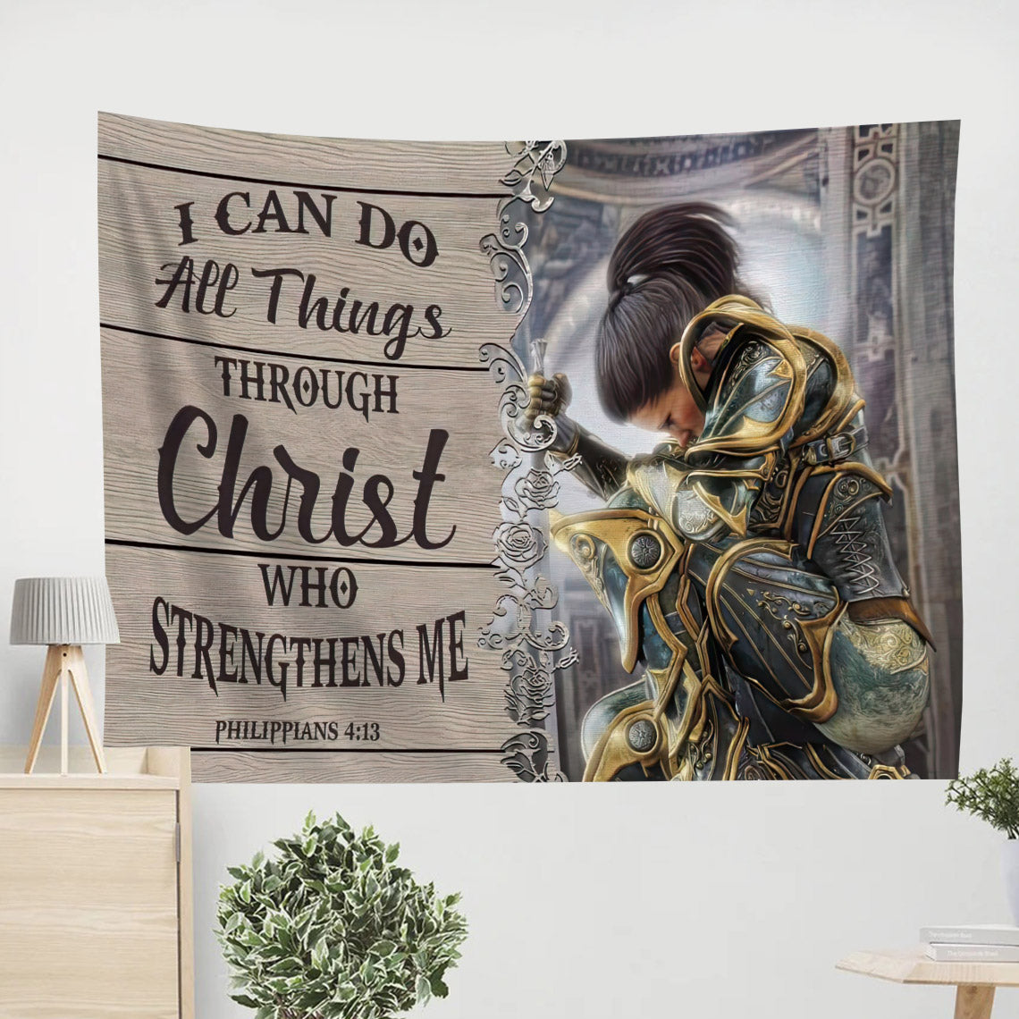 Christian Warrior Philippians 413 I Can Do All Things Through Christ Tapestry Wall Art - Jesus Tapestry