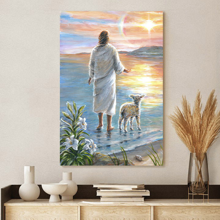 Christ Leading A Lamb Along The Beach Canvas Poster