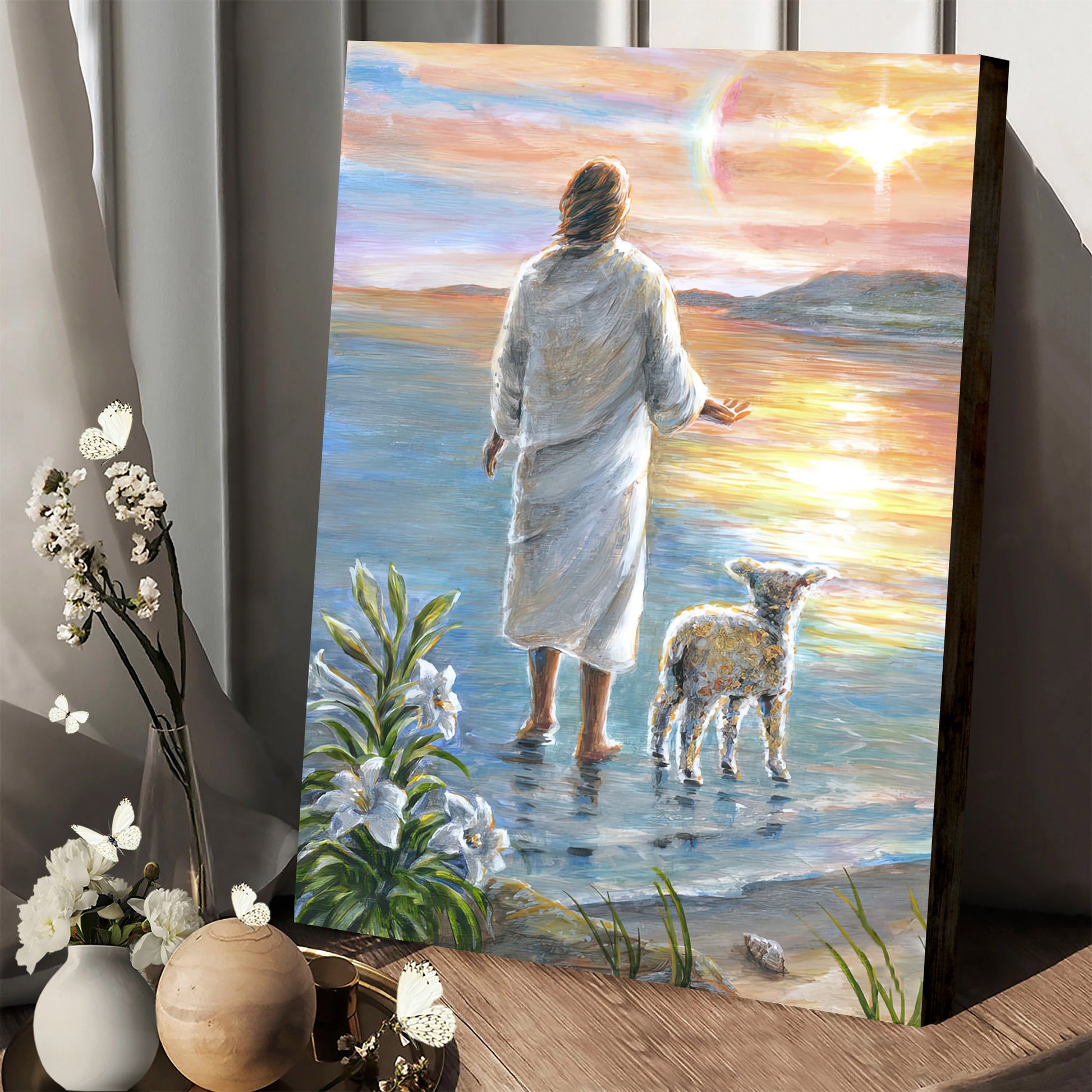 Christ Leading A Lamb Along The Beach Canvas Poster