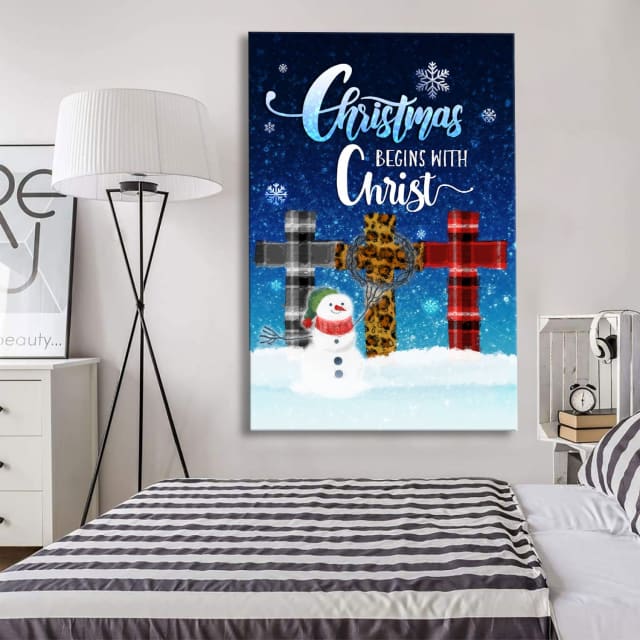 Christmas Begins With Christ Cross Snowman Christmas Canvas Art - Bible Verse Canvas - Scripture Wall Art