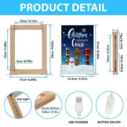 Christmas Begins With Christ Cross Snowman Christmas Frame Lamp Prints - Bible Verse Wooden Lamp - Scripture Night Light