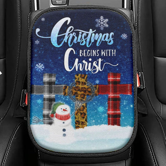 Christmas Begins With Christ Cross Snowman Christmas Seat Box Cover, Bible Verse Car Center Console Cover, Scripture Car Interior Accessories