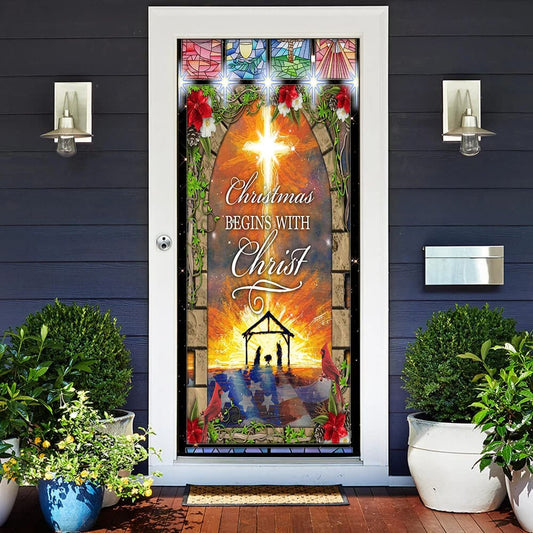 Christmas Begins With Christ Door Cover - Front Door Christmas Cover - Christmas Outdoor Decoration