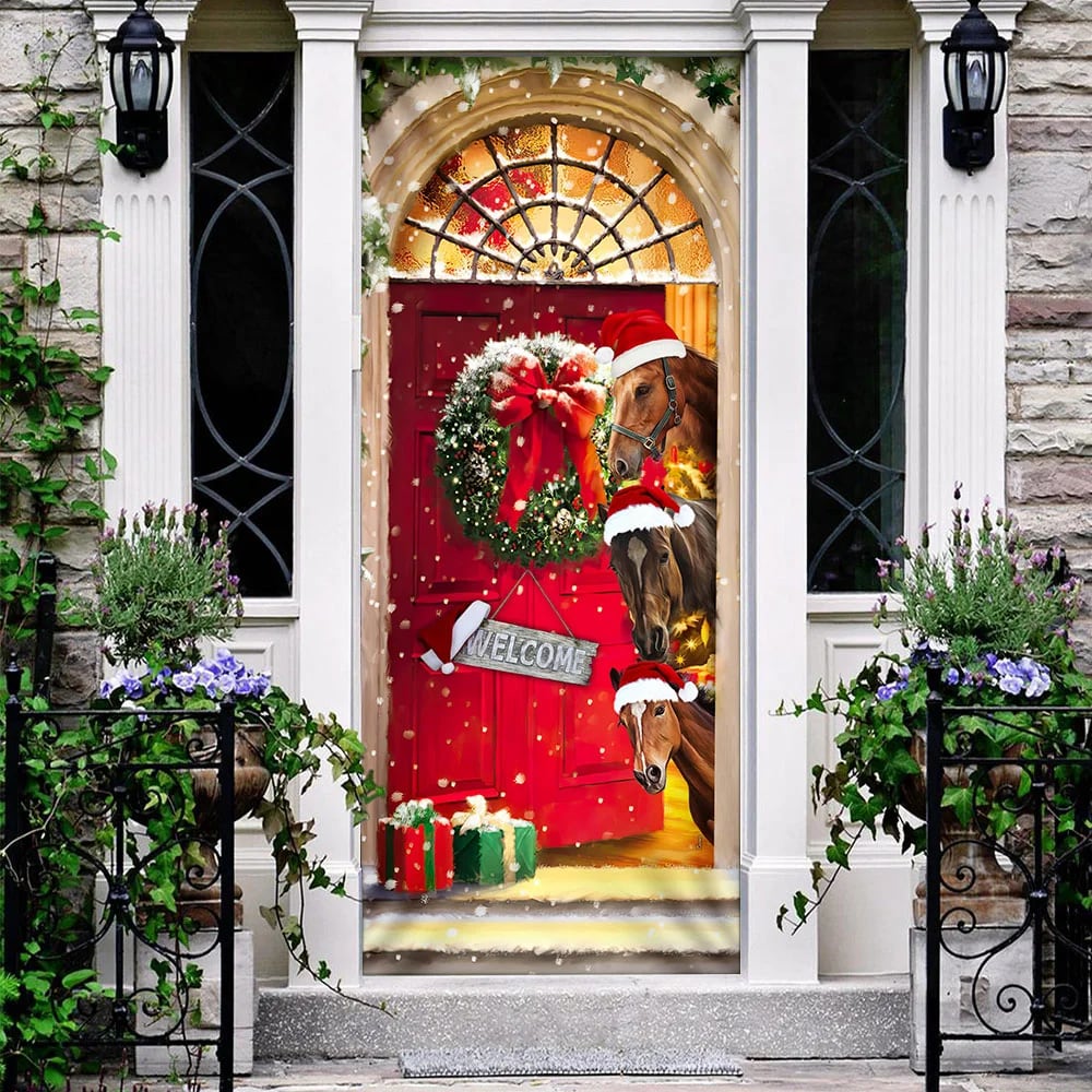 Christmas Begins With Horses Door Cover - Christmas Horse Decor - Christmas Outdoor Decoration