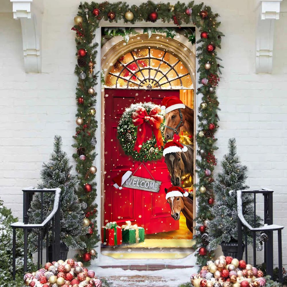 Christmas Begins With Horses Door Cover - Christmas Horse Decor - Christmas Outdoor Decoration