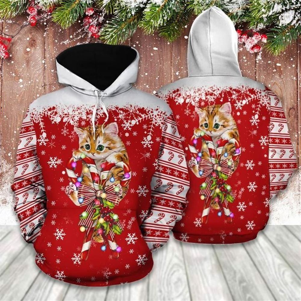 Christmas Cat And Candy Cane All Over Print 3D Hoodie For Men And Women, Best Gift For Cat lovers, Best Outfit Christmas