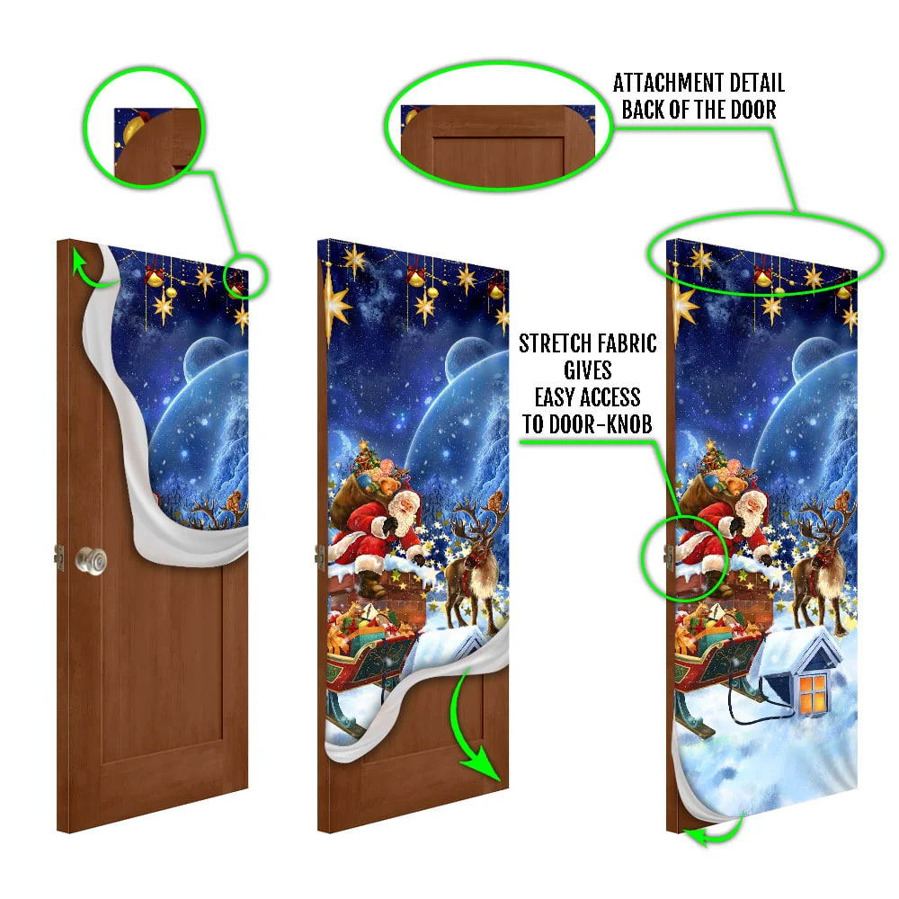 Christmas Door Cover Santa Claus climbing down The Chimney - Christmas Door Cover