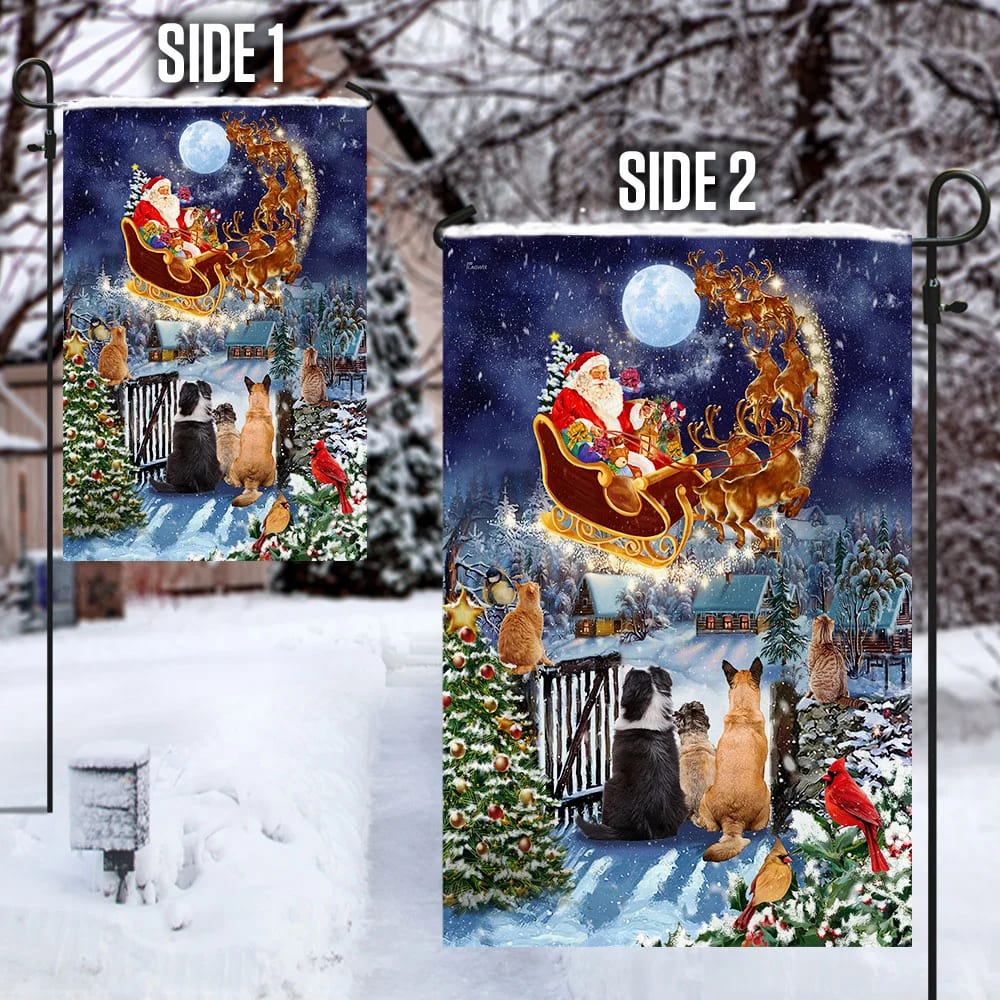 Christmas Flag, Dogs And Cats Watching Santa Claus - Christmas Garden Flag - Christmas House Flag - Christmas Outdoor Decoration