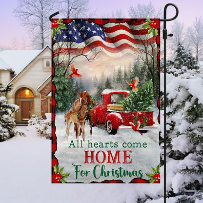 Christmas Horse All Hearts Come Home For Christmas Flag - Religious Christmas House Flags