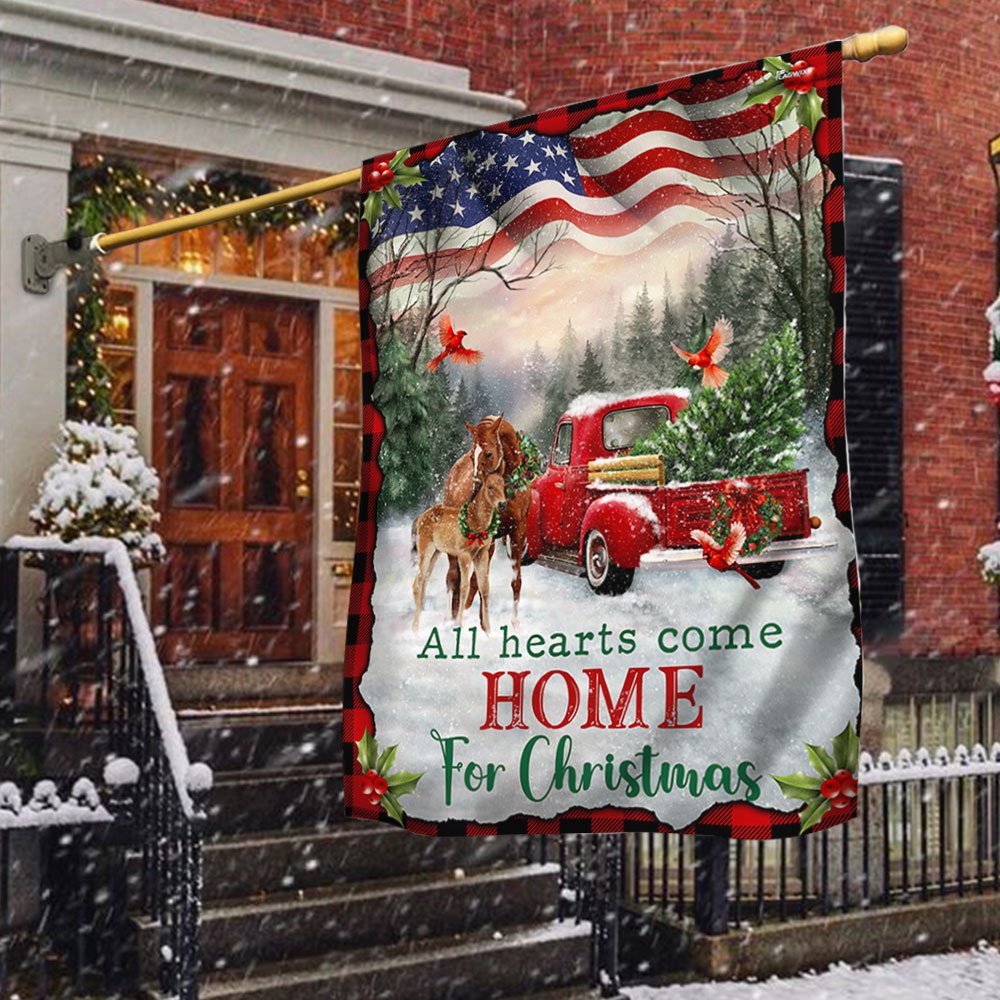 Christmas Horse All Hearts Come Home For Christmas Flag - Religious Christmas House Flags