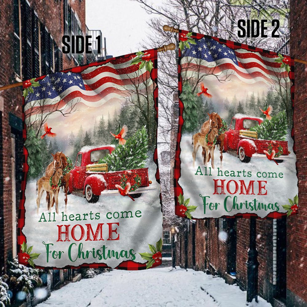 Christmas Horse All Hearts Come Home For Christmas Flag - Religious Christmas House Flags