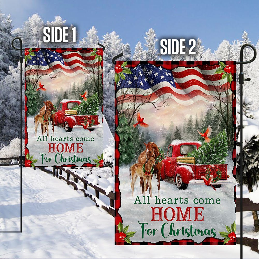 Christmas Horse All Hearts Come Home For Christmas Flag - Religious Christmas House Flags