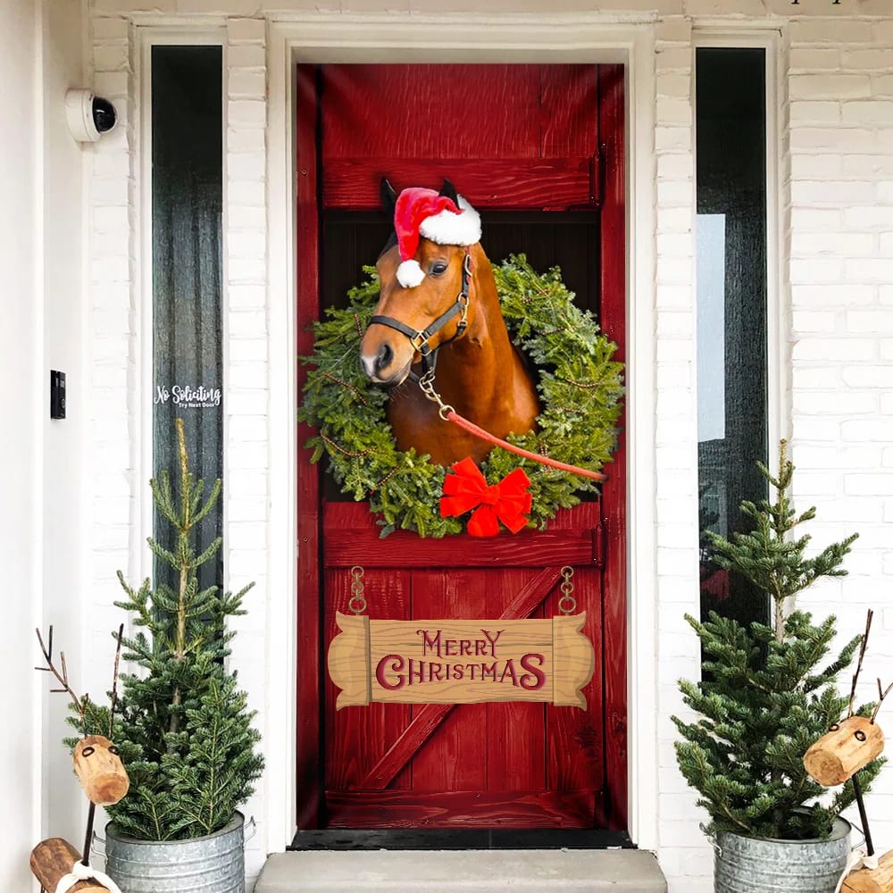 Christmas Horse Door Cover - Merry Christmas Horse In Stable Door Cover - Christmas Outdoor Decoration