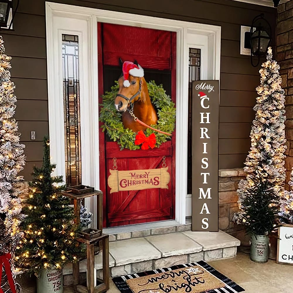 Christmas Horse Door Cover - Merry Christmas Horse In Stable Door Cover - Christmas Outdoor Decoration