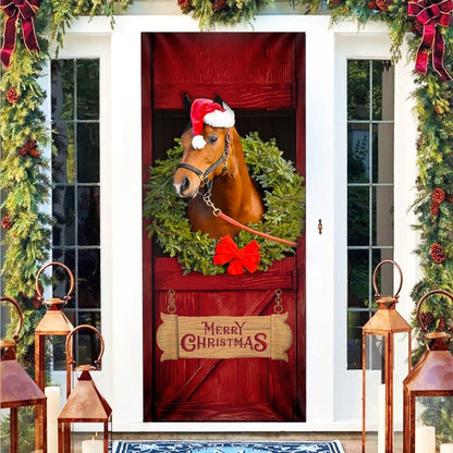 Christmas Horse Door Cover - Merry Christmas Horse In Stable Door Cover - Christmas Outdoor Decoration