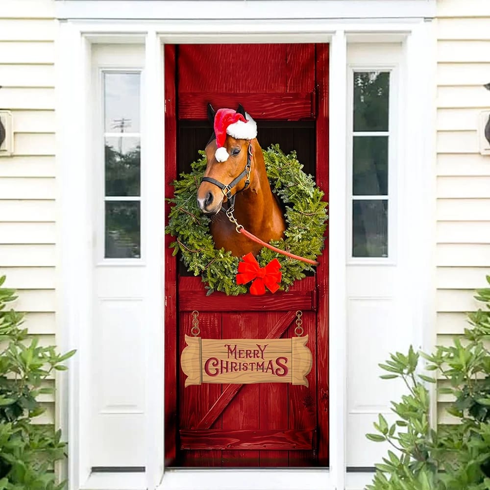 Christmas Horse Door Cover - Merry Christmas Horse In Stable Door Cover - Christmas Outdoor Decoration