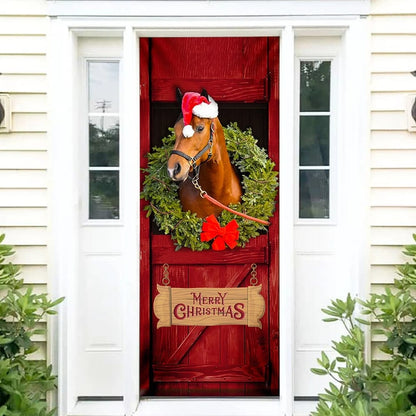 Christmas Horse Door Cover - Merry Christmas Horse In Stable Door Cover - Christmas Outdoor Decoration