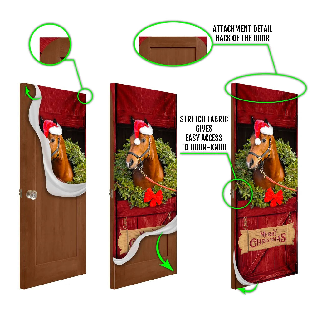 Christmas Horse Door Cover - Merry Christmas Horse In Stable Door Cover - Christmas Outdoor Decoration