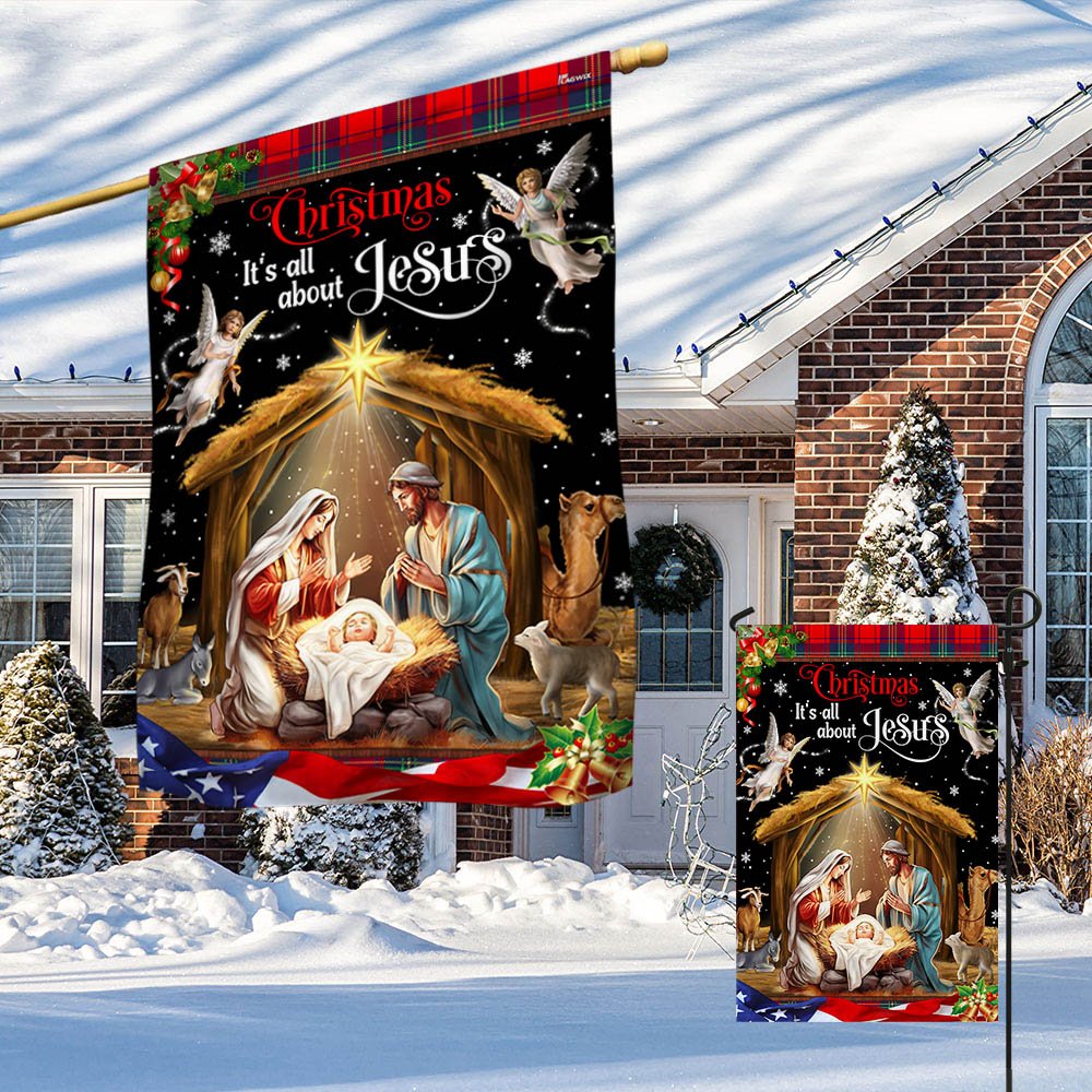 Christmas It's All About Jesus. Nativity of Jesus Holy Family Flag - Religious Christmas House Flags